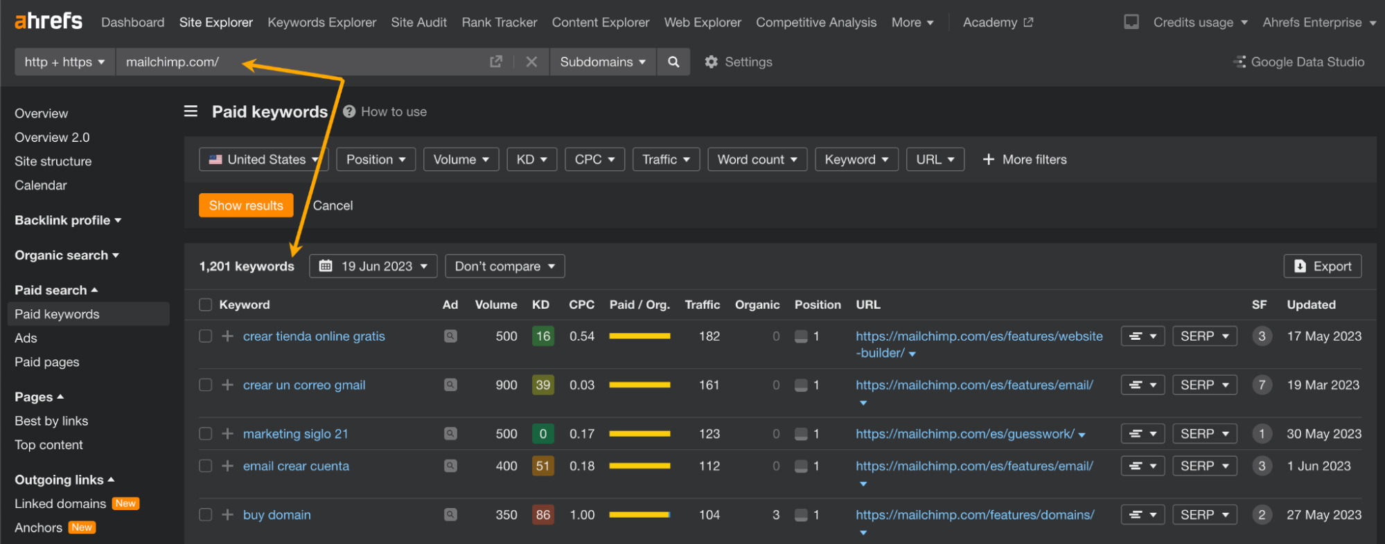 Paid keywords report in Ahrefs' Site Explorer