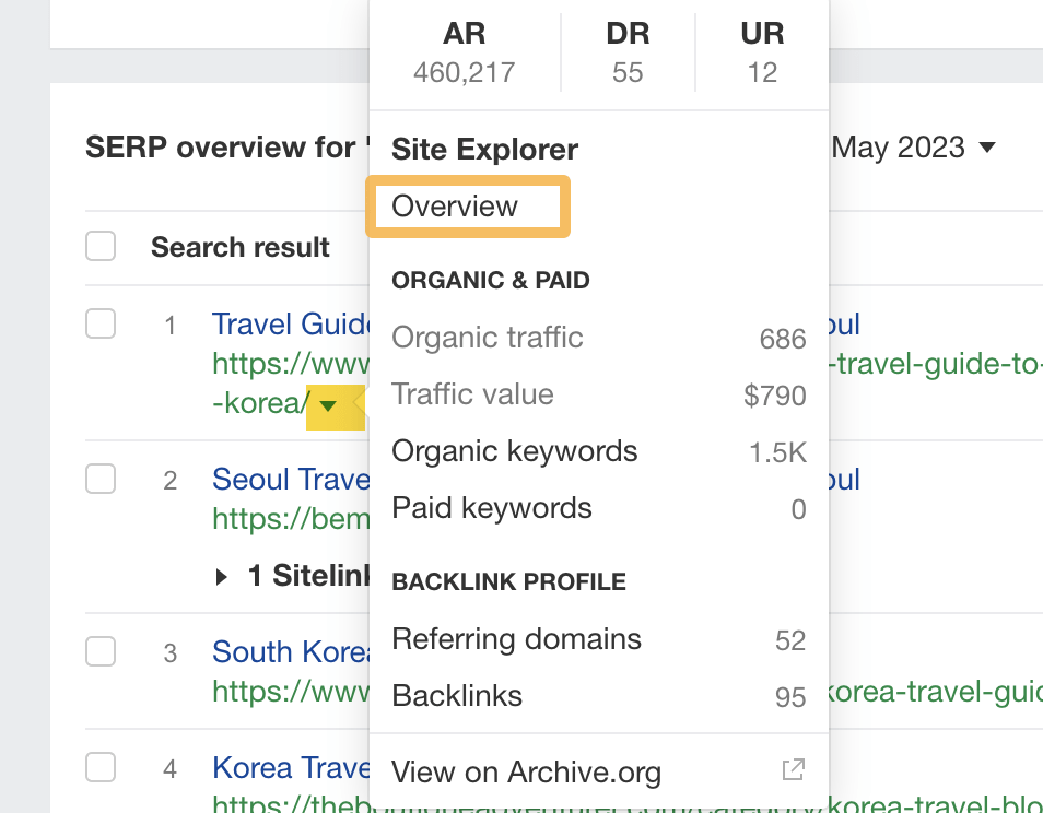 Drop-down menu in SERP overview, via Ahrefs' Keywords Explorer
