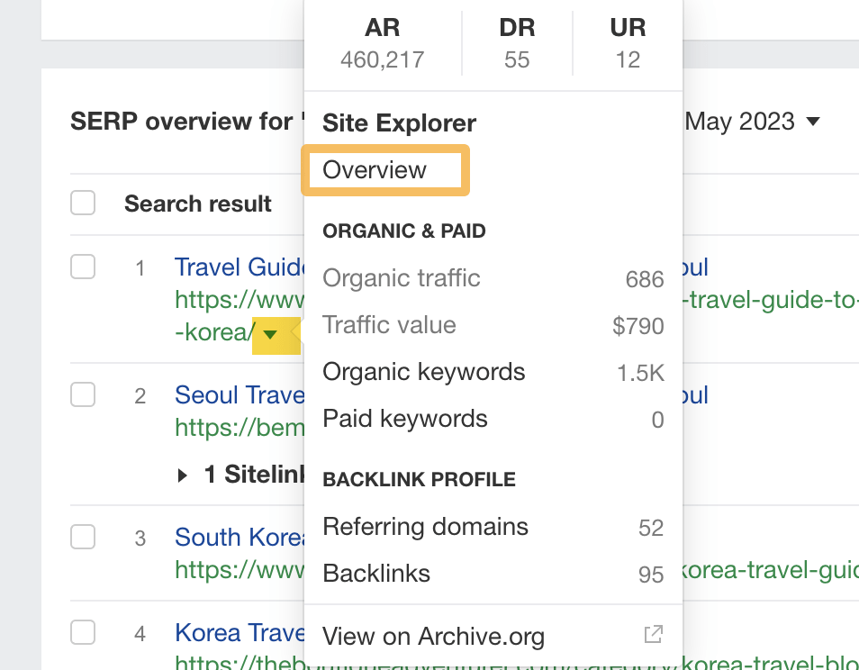 منوی کشویی در نمای کلی SERP، از طریق Ahrefs' Keywords Explorer