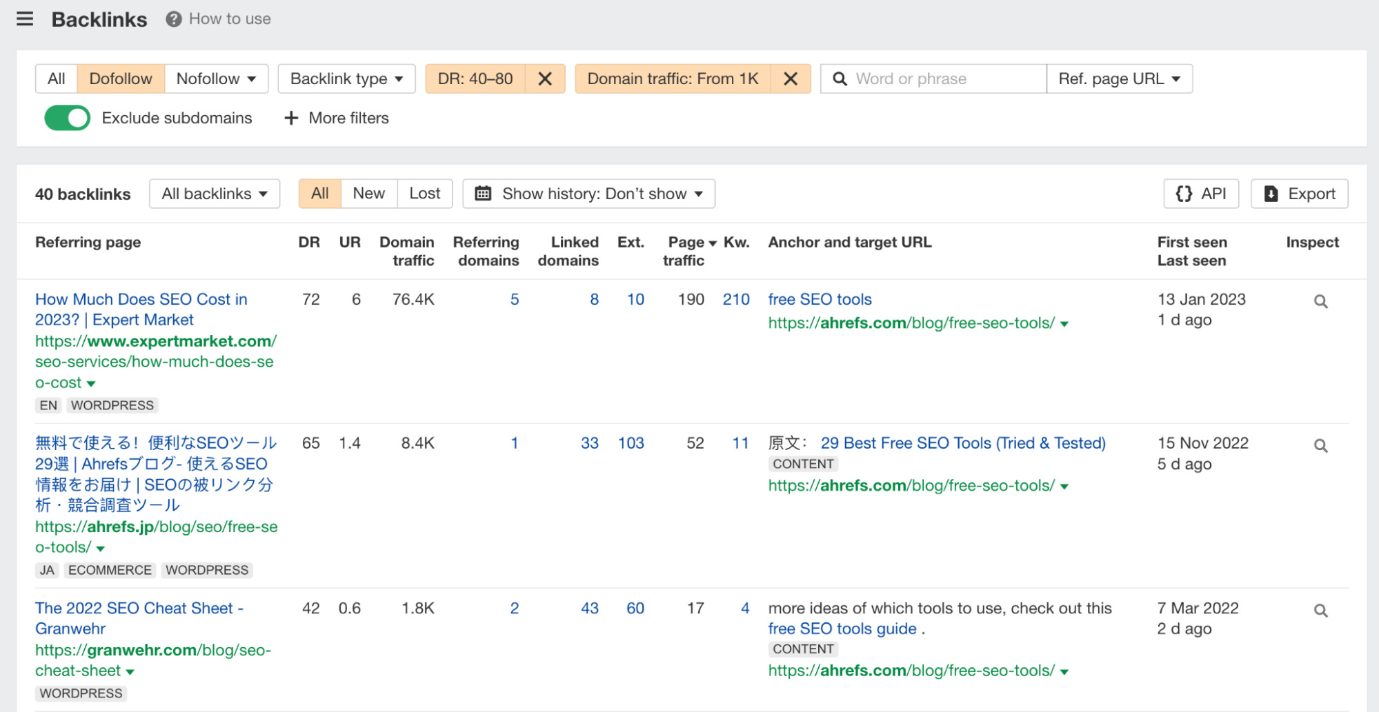 Backlinks report with applied filters, via Ahrefs