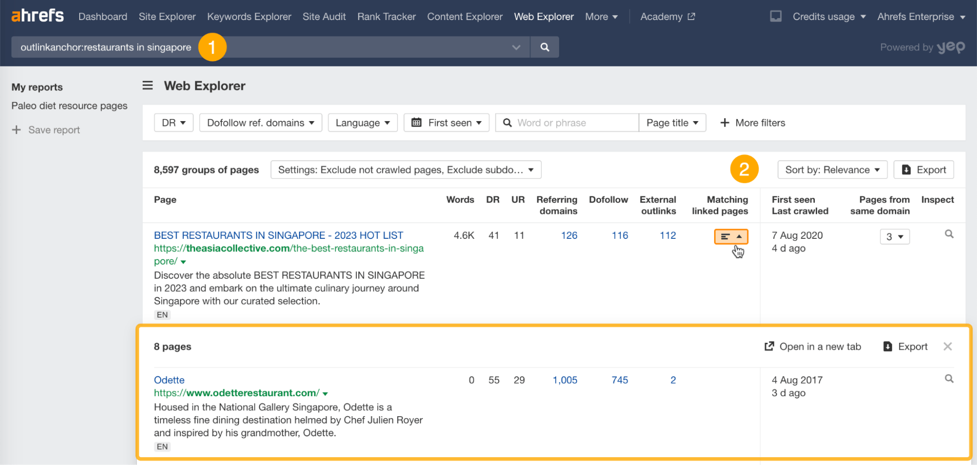 Filtering pages by outlink properties, via Ahrefs' Web Explorer