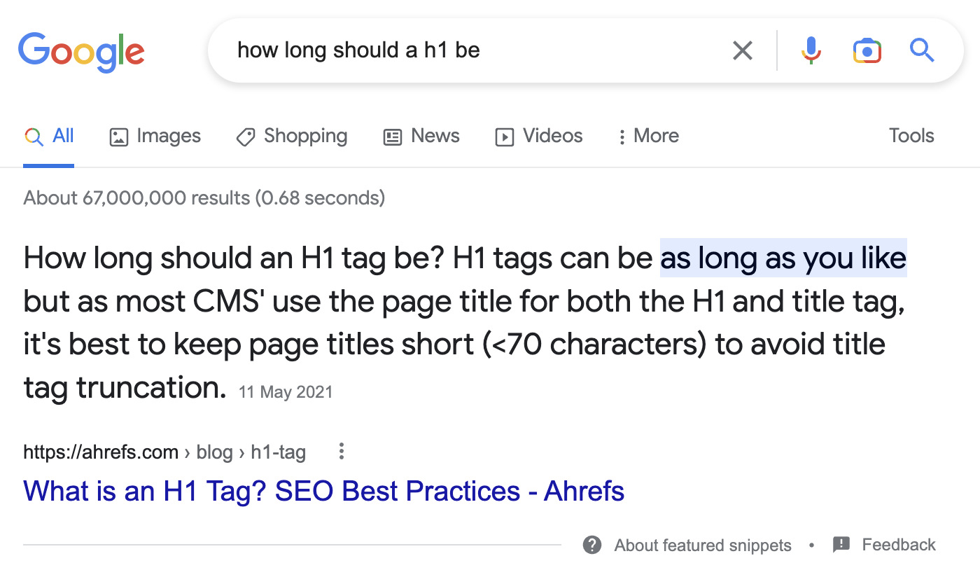 Example of our post about H1 tags ranking high for a long-tail keyword thanks to us answering an FAQ
