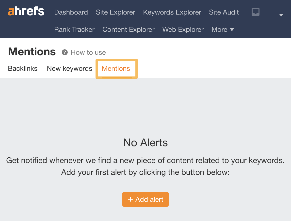 "Mentions" tab showing option to add alerts, via Ahrefs Alerts