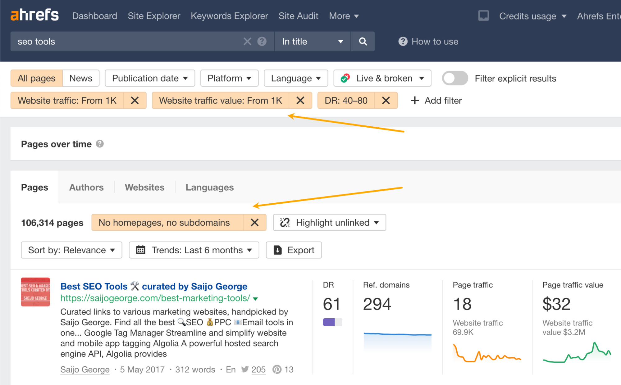 Applying filters in Ahrefs