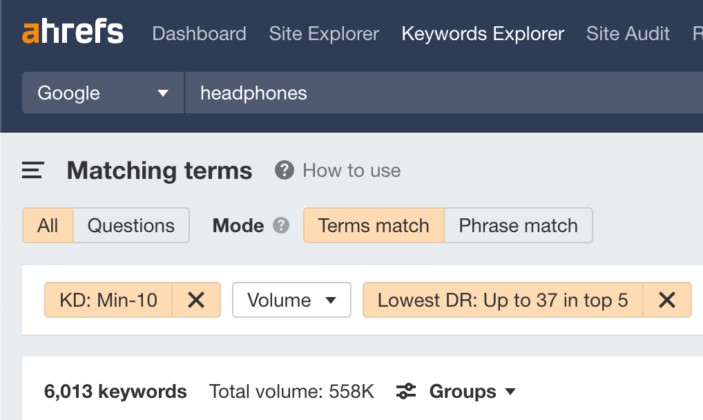 Finding keywords with low-DR websites ranking in the top five in Ahrefs' Keywords Explorer
