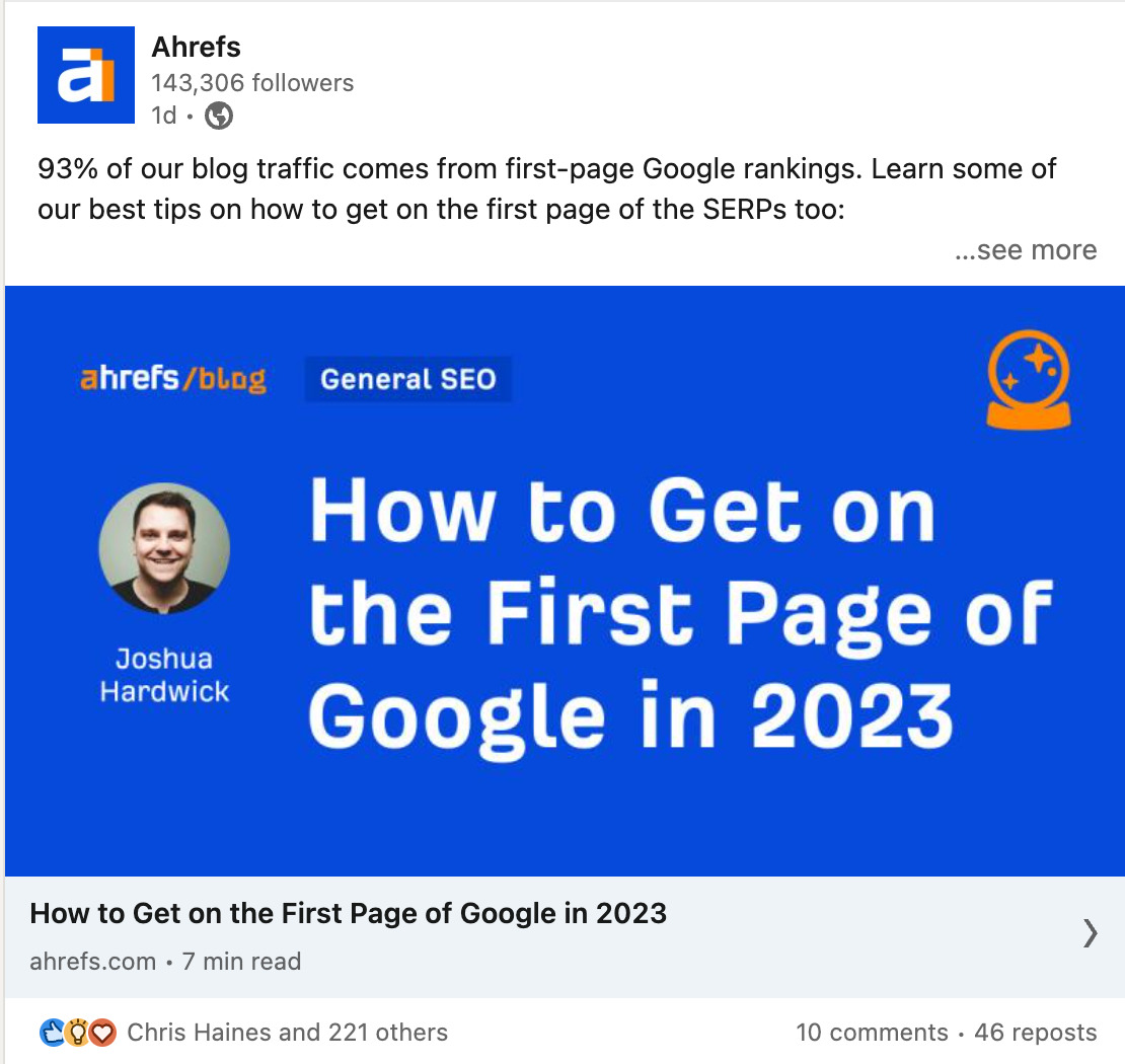 An example of Ahrefs sharing its latest posts on LinkedIn
