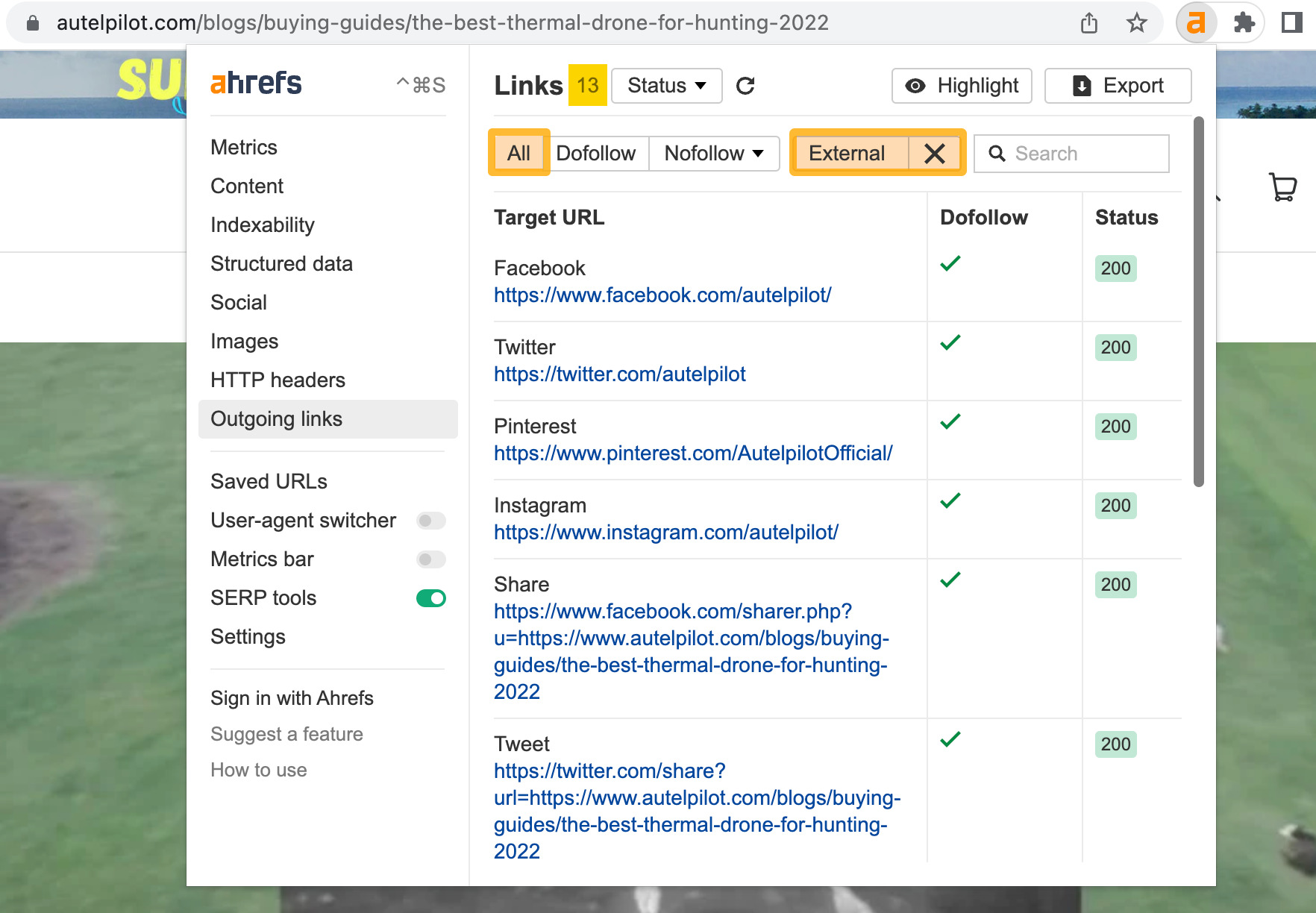 Outgoing links, via Ahrefs' SEO Toolbar