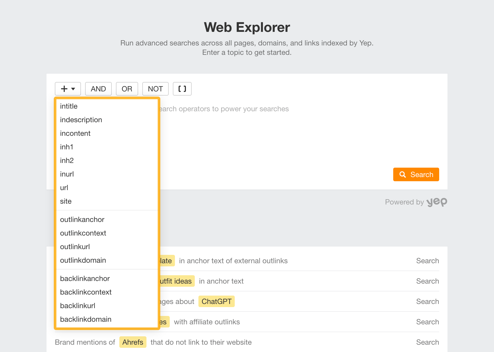 Advanced search operators, via Ahrefs' Web Explorer
