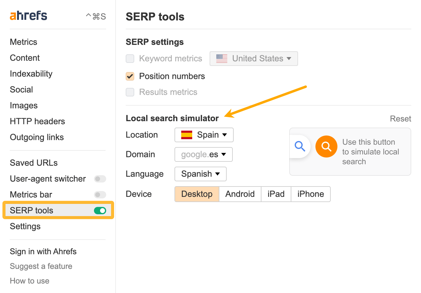 Local search simulator, via Ahrefs' SEO Toolbar