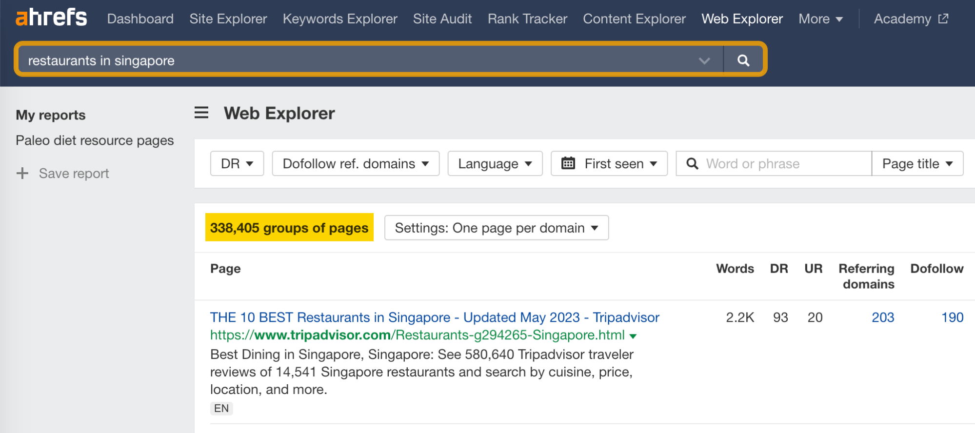 Search results for "restaurants in singapore," via Ahrefs' Web Explorer