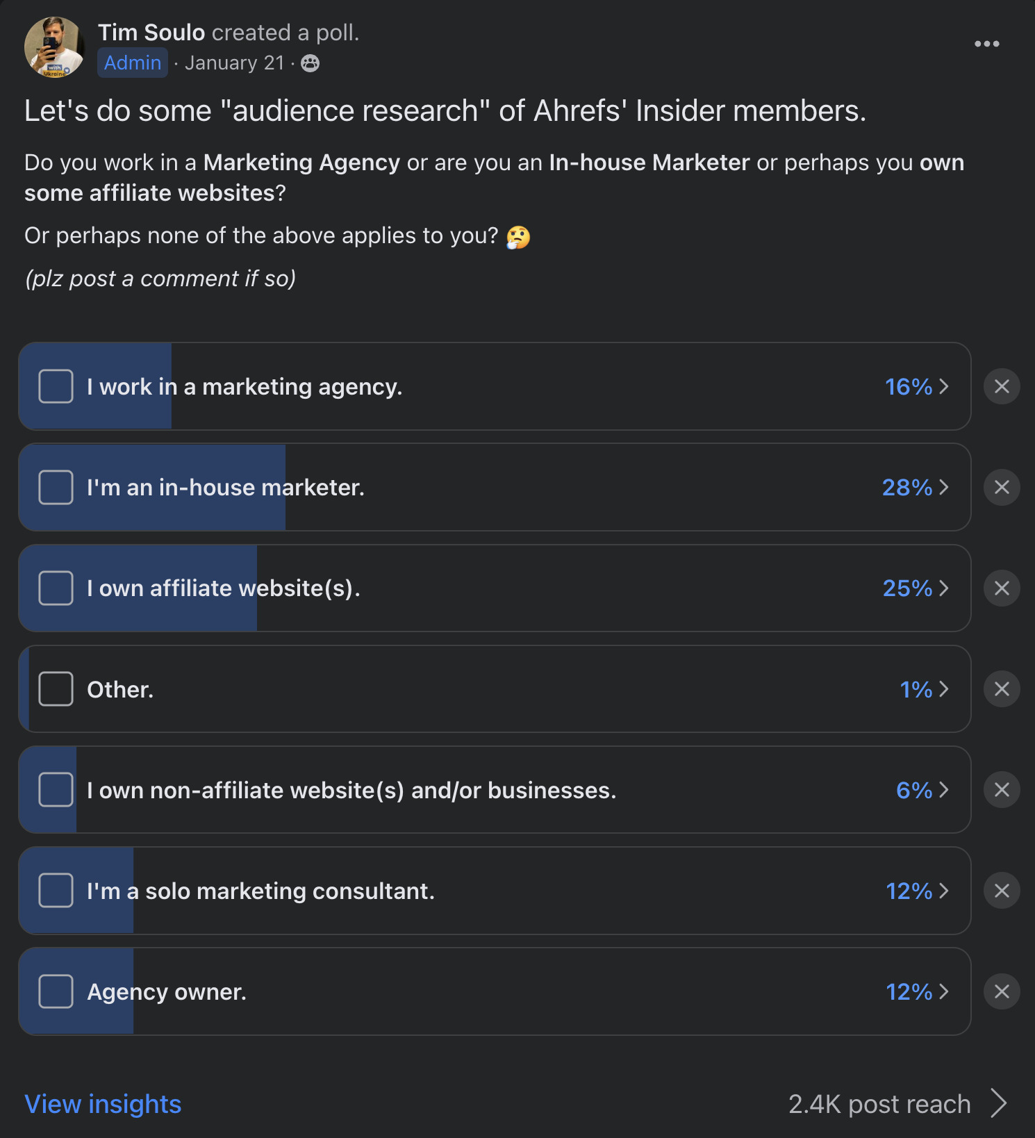 Investigación de audiencia para miembros de Ahrefs Insider, a través de Facebook
