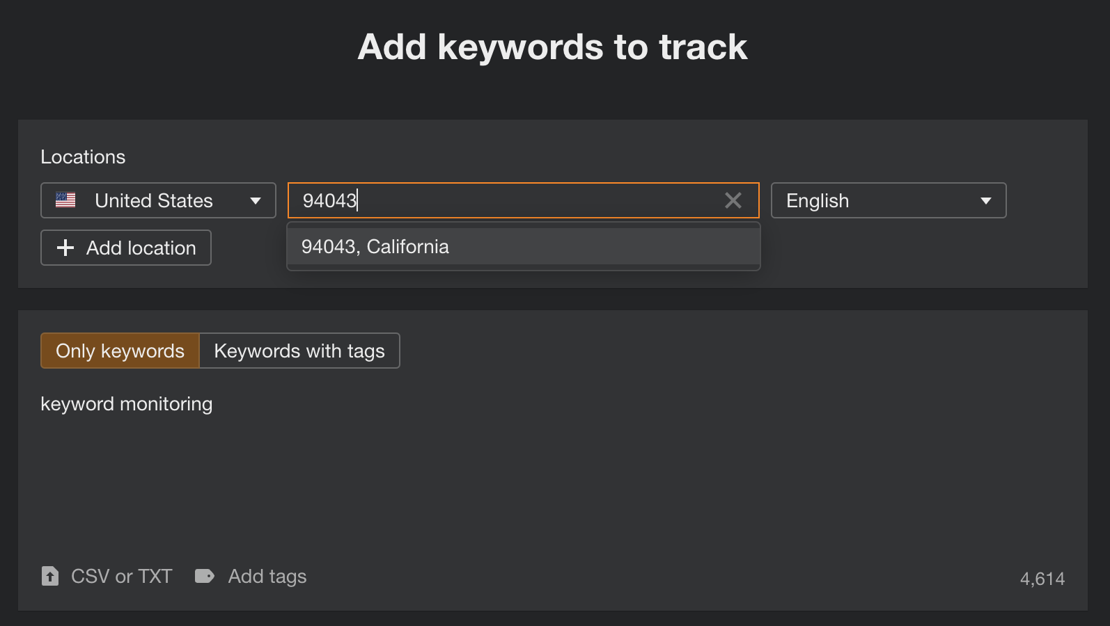 在 Ahrefs 的 Rank Tracker（排名监控）中添加要跟踪的关键字