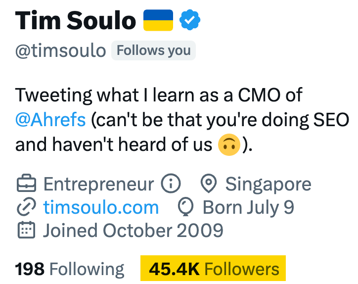 Number of followers Tim Soulo has on Twitter
