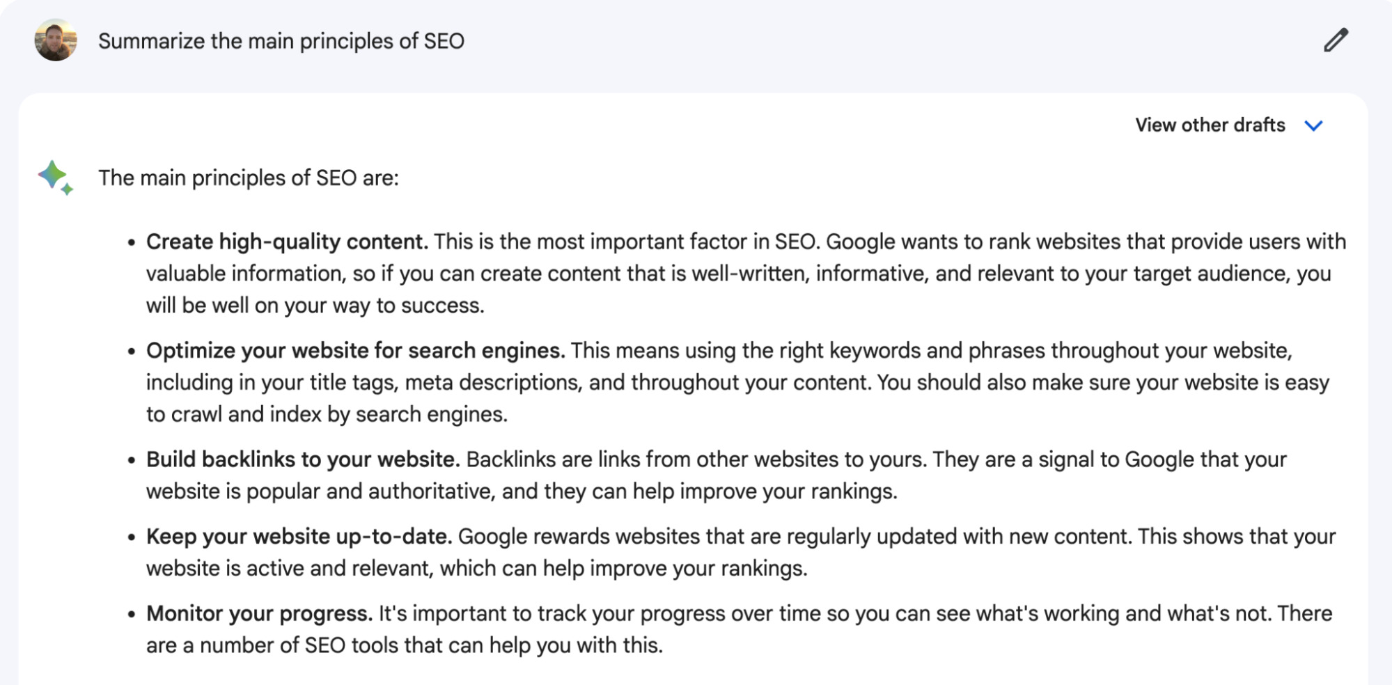 Asking Google Bard to summarize the main principles of SEO 
