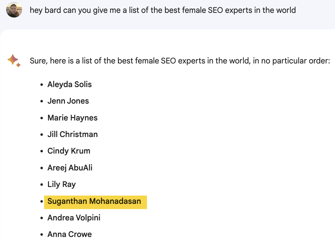 Asking Google Bard for a list of the best female SEO experts in the world
