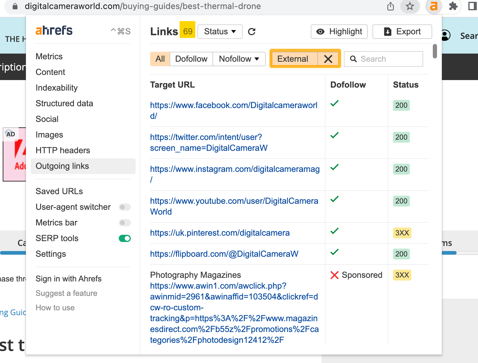 External links, via Ahrefs' SEO Toolbar