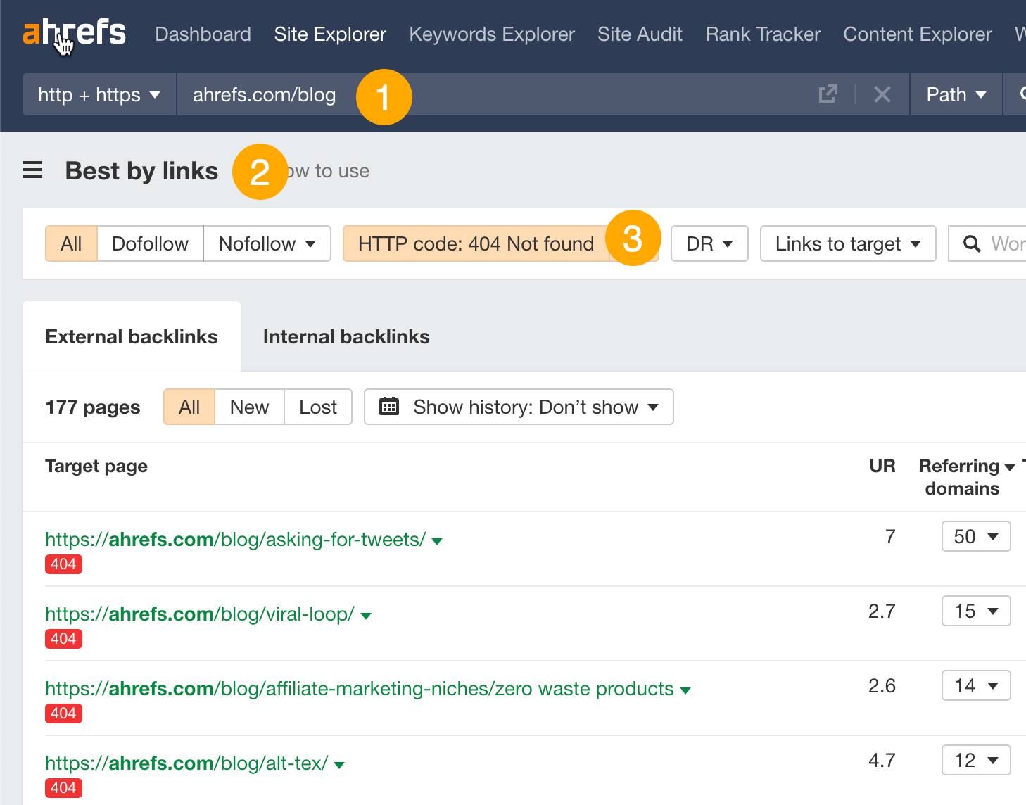 Finding dead pages with backlinks in Ahrefs' Site Explorer
