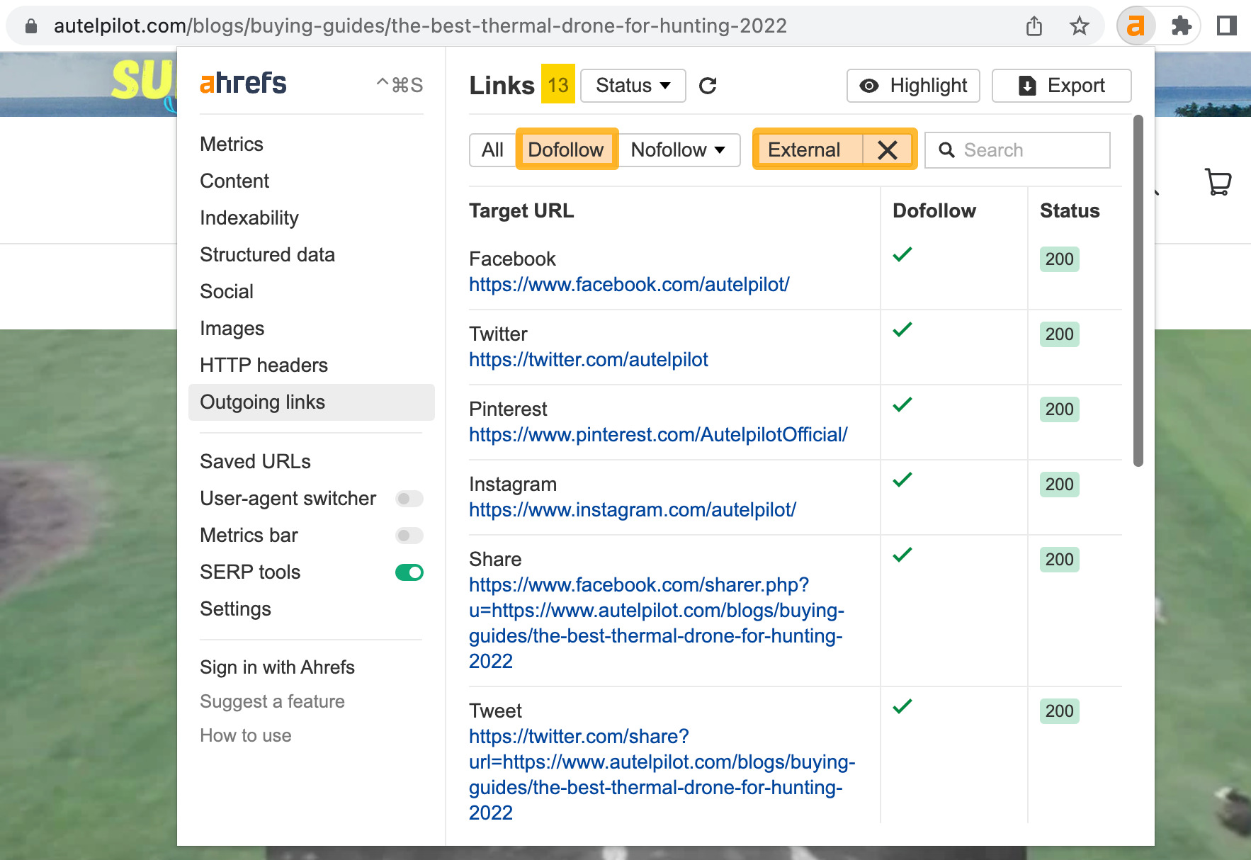 External dofollow links, via Ahrefs' SEO Toolbar