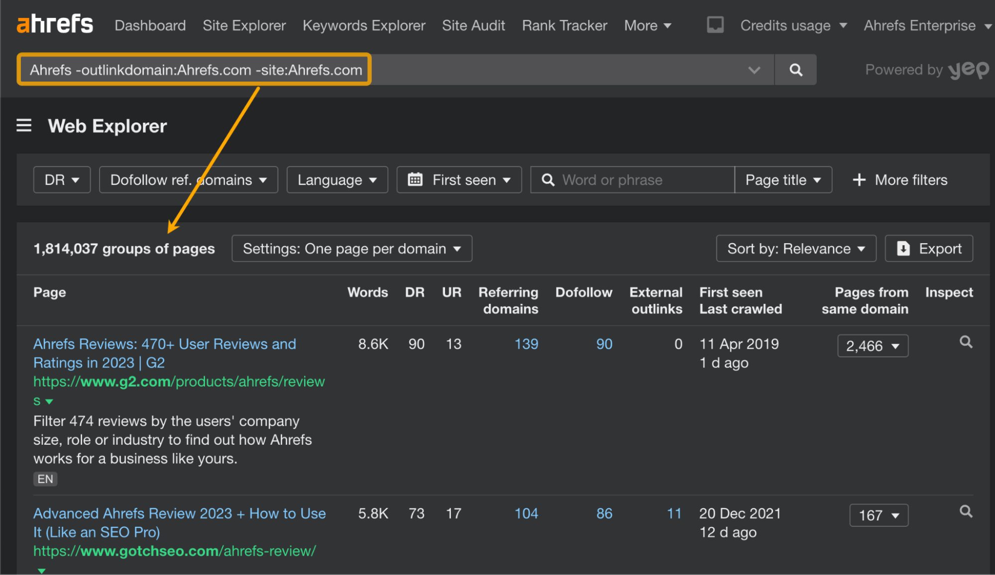 یافتن نام‌های نامرتبط با استفاده از Web Explorer Ahrefs