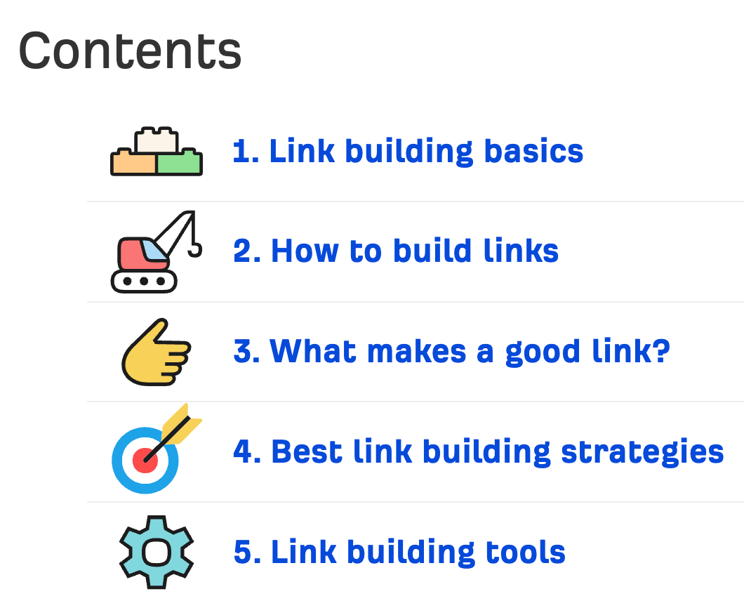 Table of content for Ahrefs' link building guide
