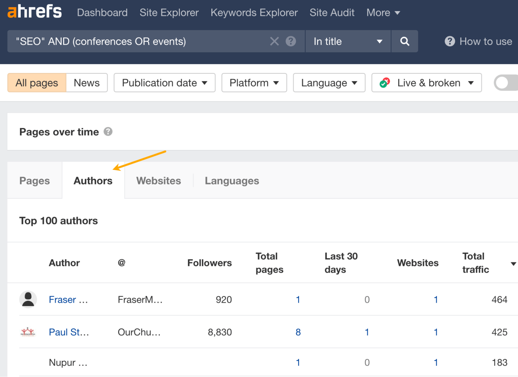"Authors" tab, via Ahrefs' Content Explorer