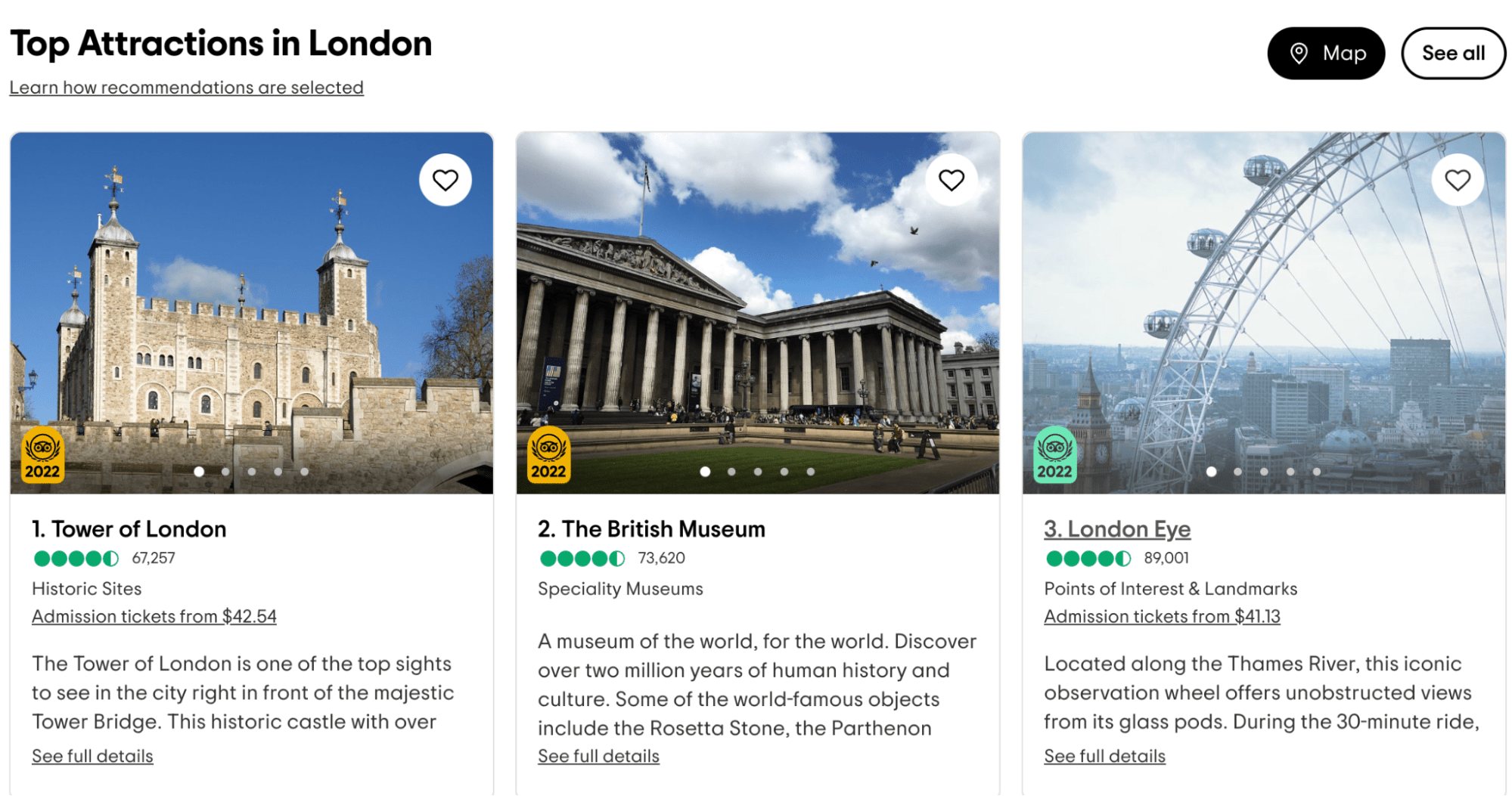Top attractions in London, via Tripadvisor
