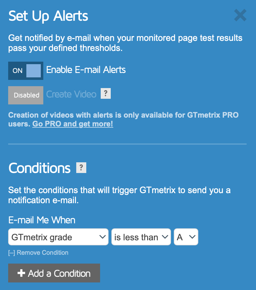 Setting up alerts in GTMetrix