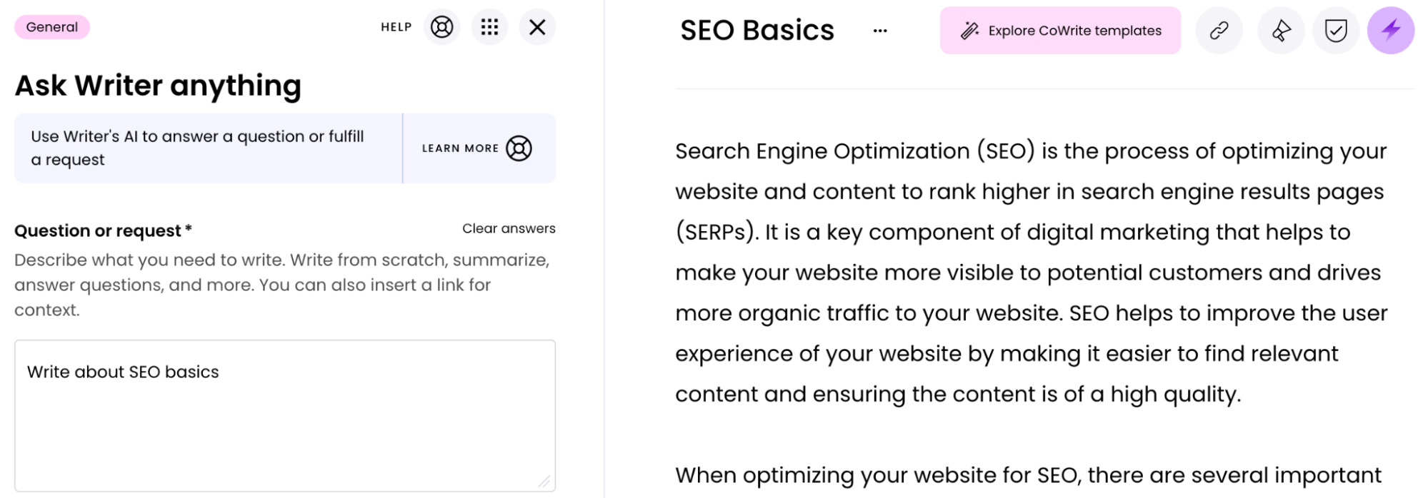 Asking Writer to generate a write-up about SEO basics