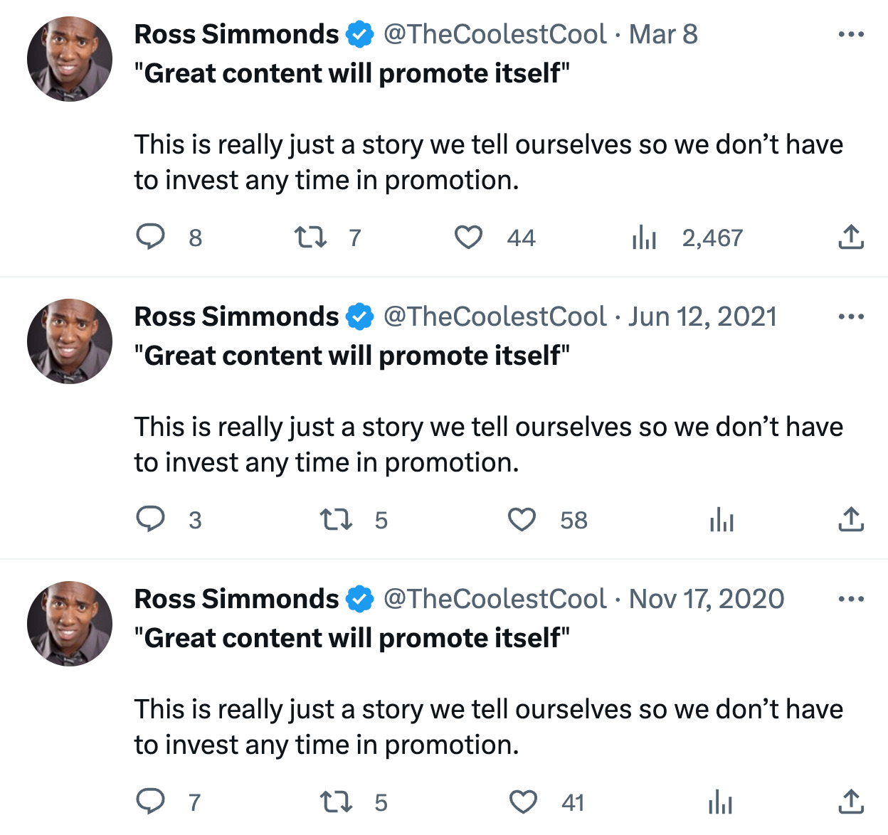 The same tweets by Ross Simmonds over a period of three years
