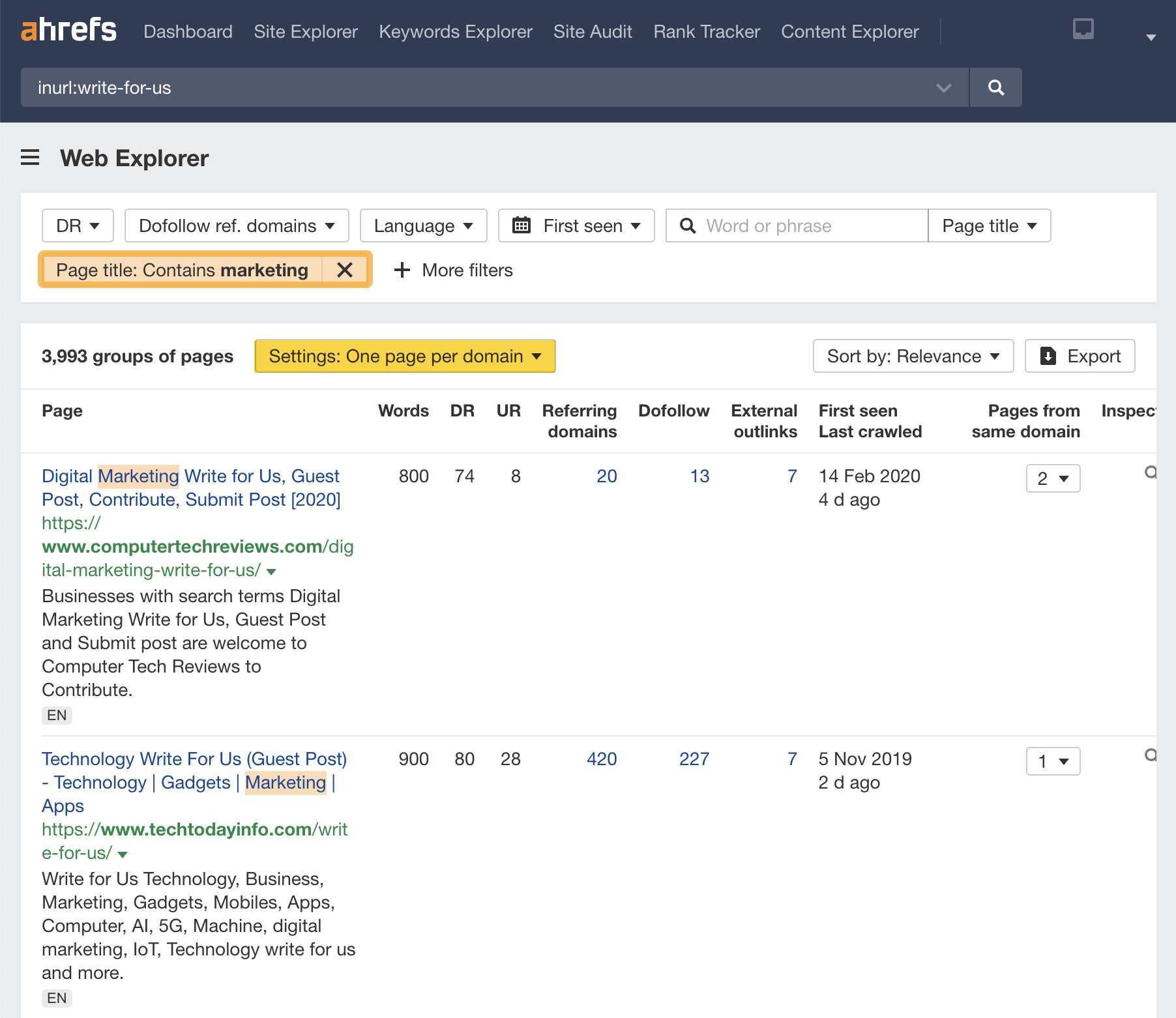 Search operator and "Page title" filter used to find websites asking for guest contributors, via Ahrefs' Web Explorer
