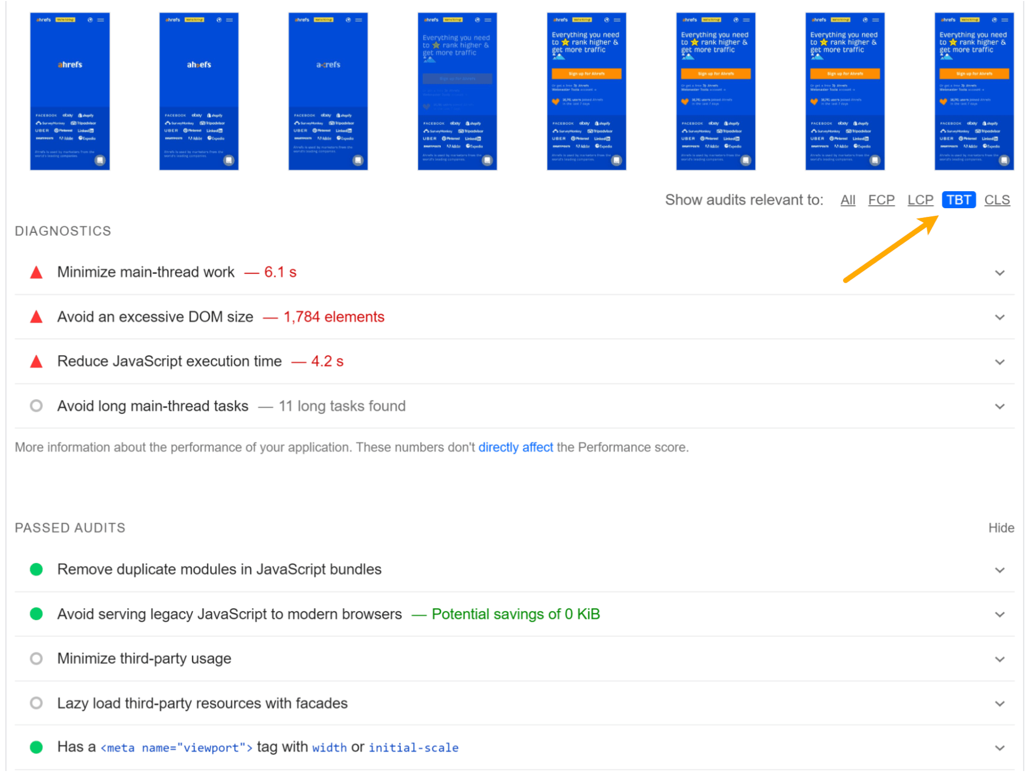 TBT issues in Google PageSpeed ​​Insights