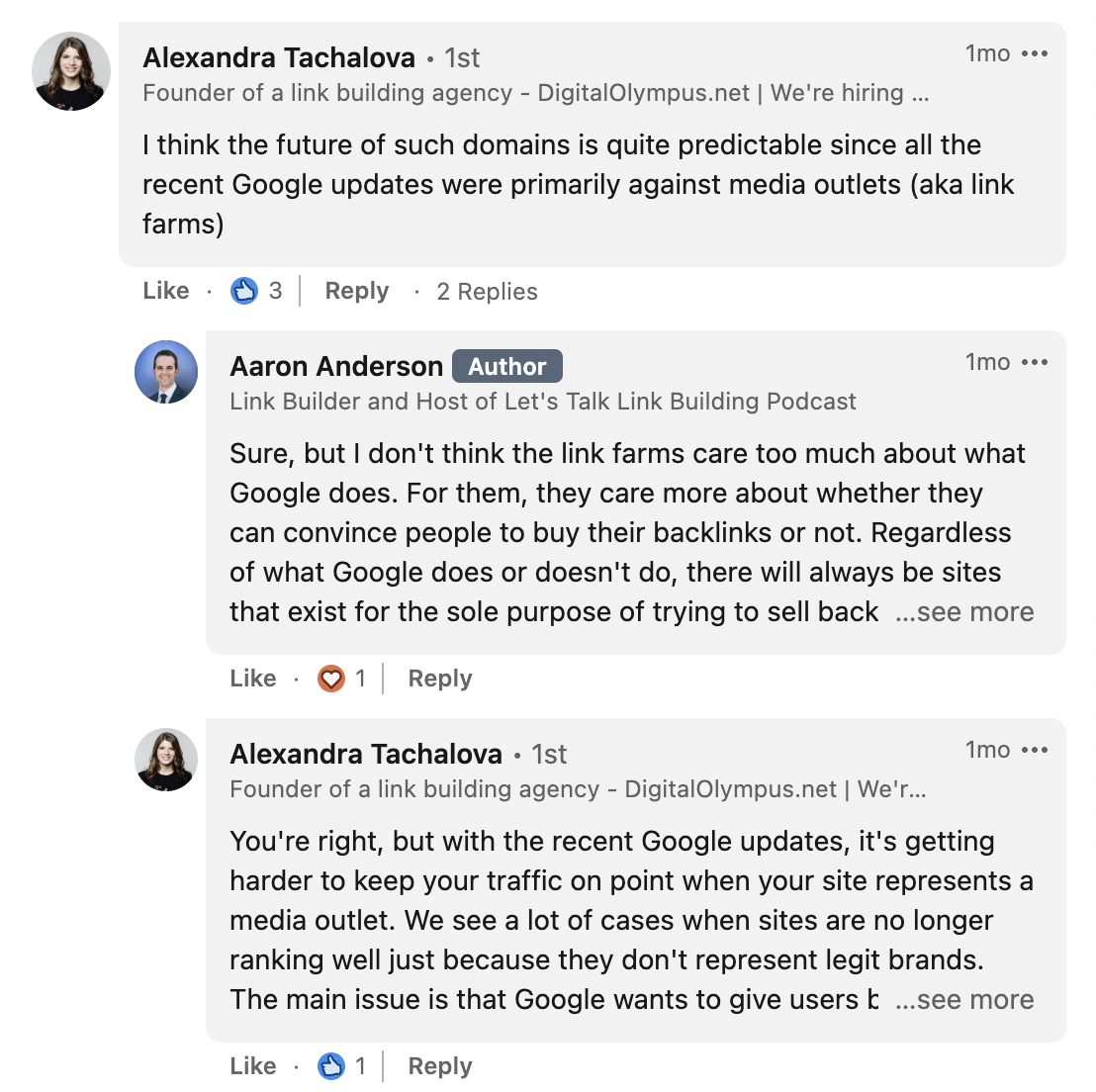 Interacción entre Alexandra Tachalova y Aaron Anderson en comentarios de LinkedIn