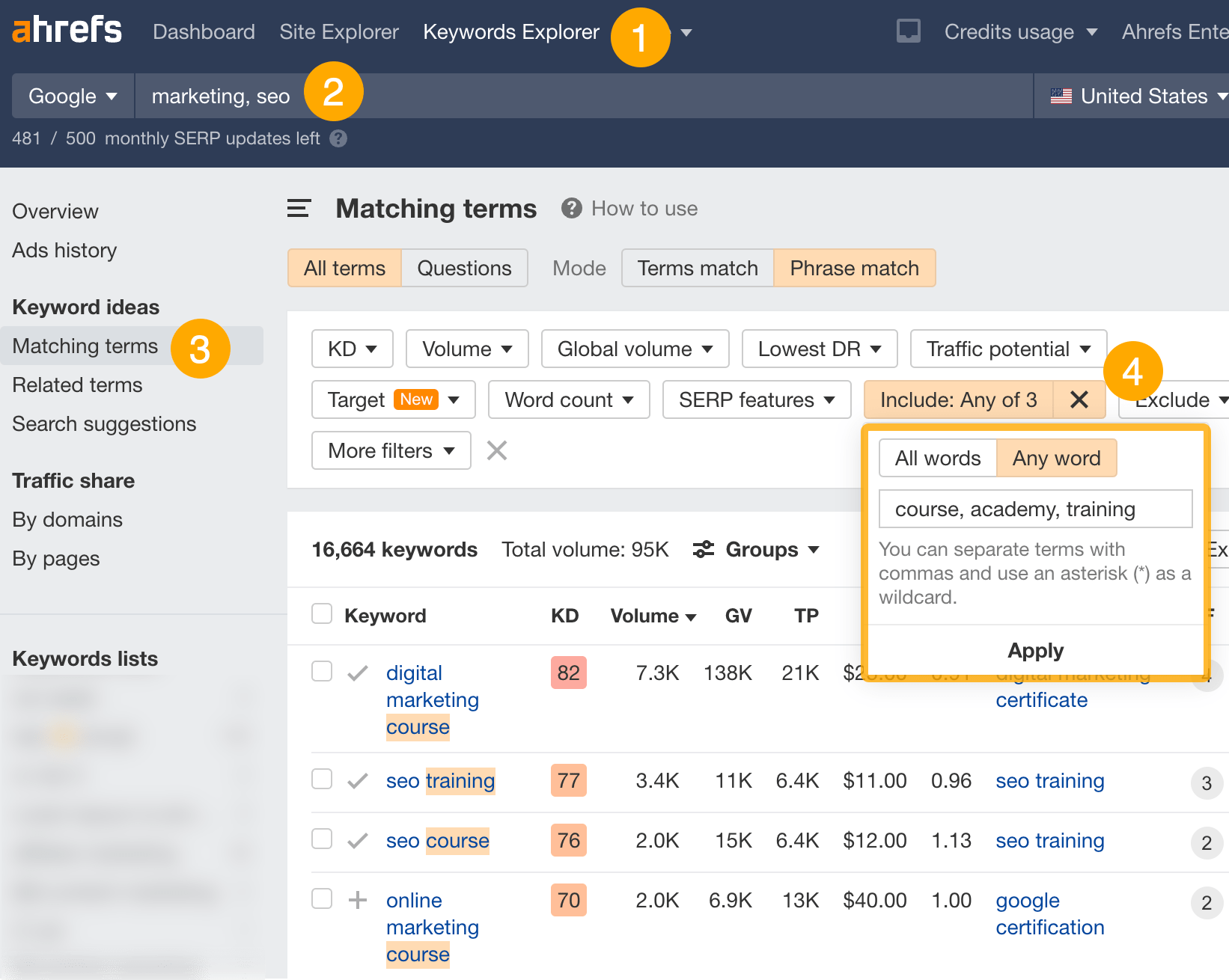 How to find course-related keywords, via Ahrefs' Keywords Explorer
