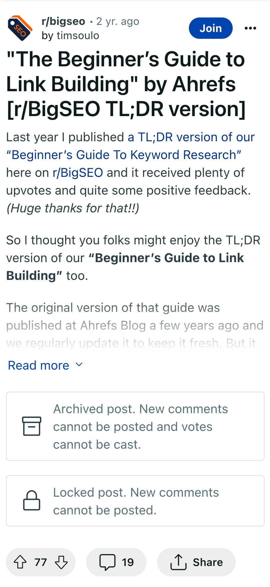 Tim Soulo's Reddit post on link building
