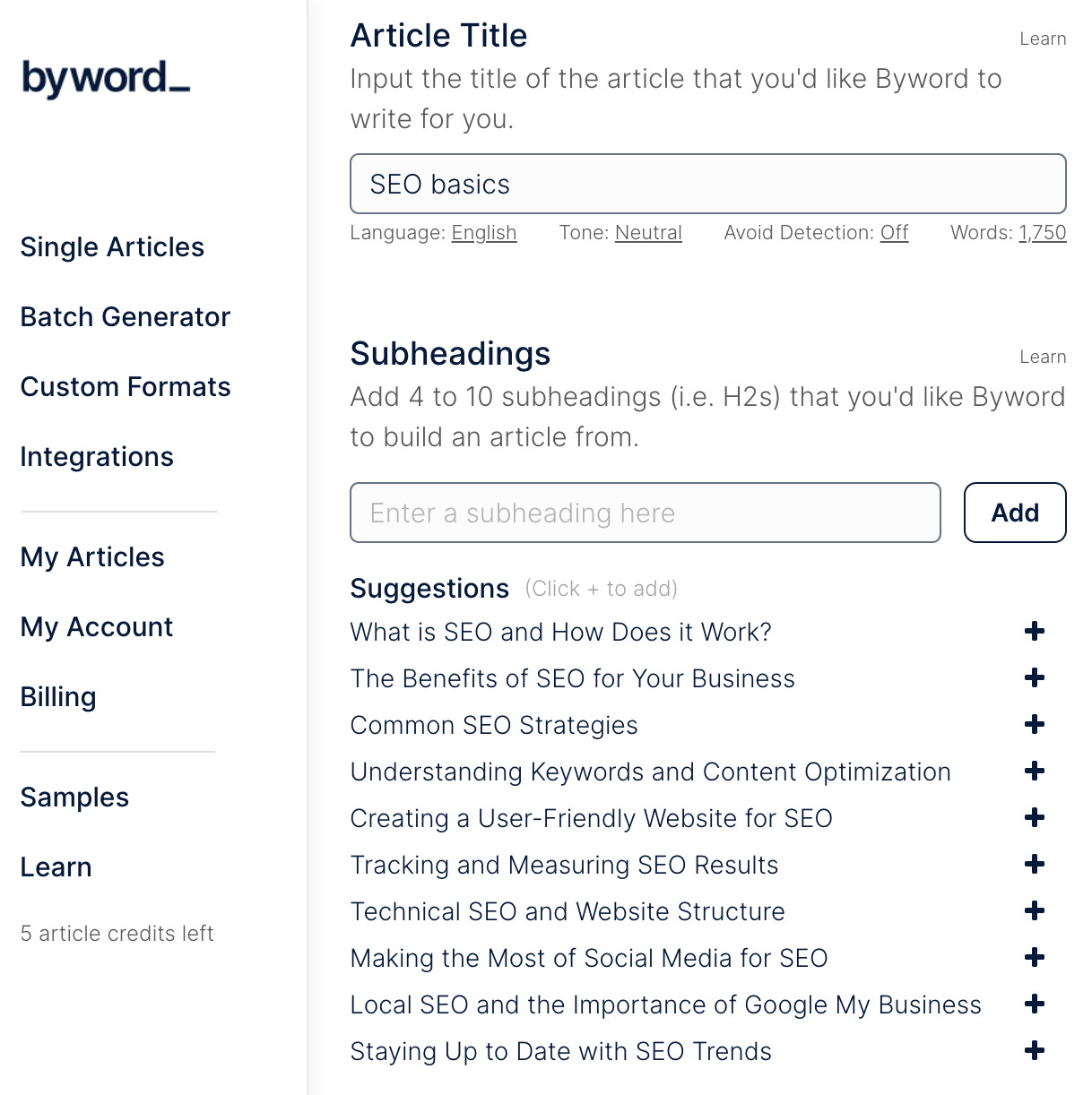 Subheadings related to SEO basics generated by Byword