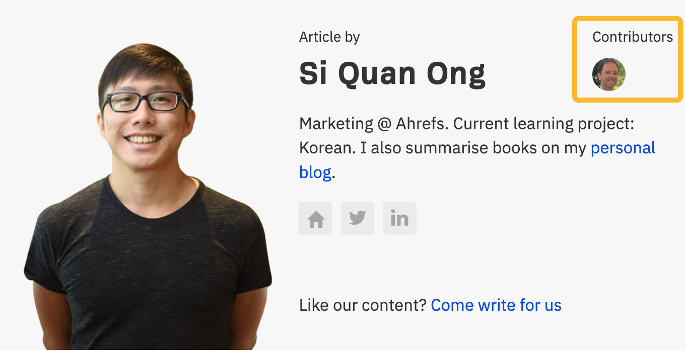 "Authors" section showing contributor profile, via Ahrefs' blog