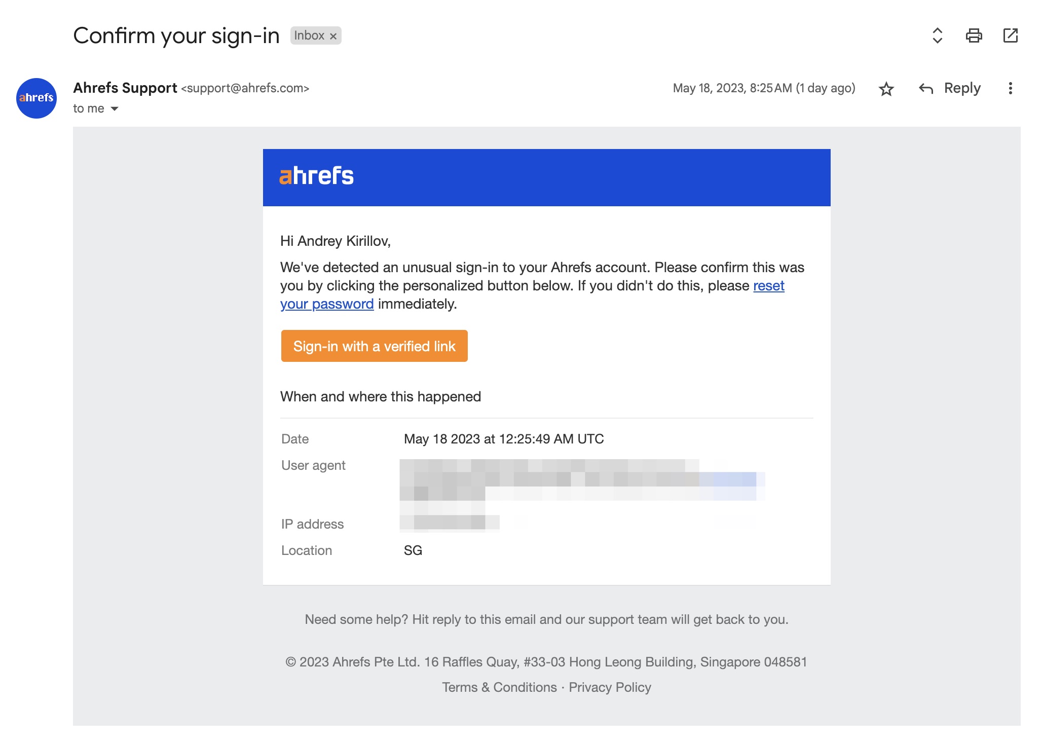 Confirmation link in new sign-in email notification