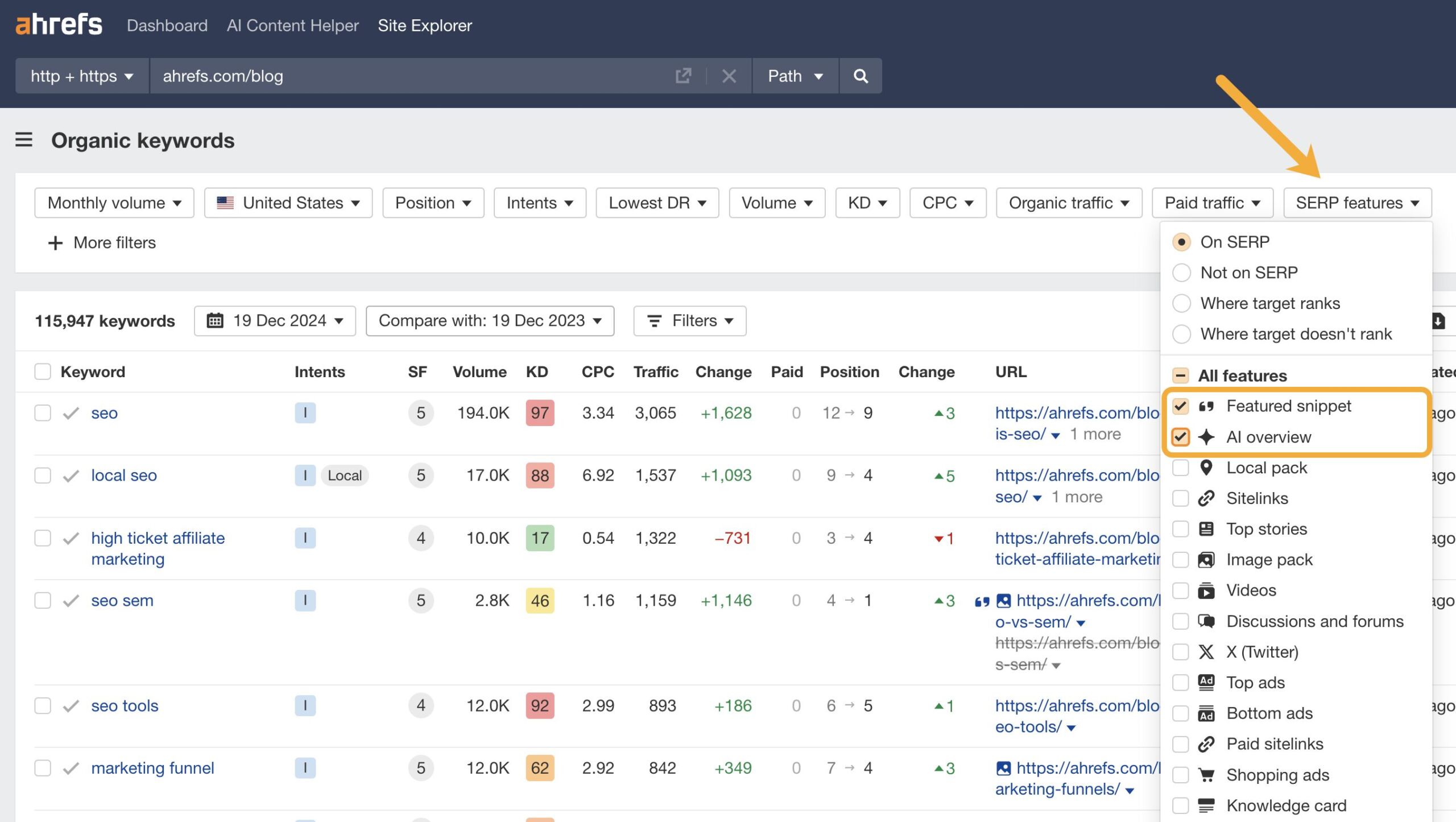 Ahrefs Organic Keywords Report, showing a SERP Feature filter for Featured Snippet and AI Overview results