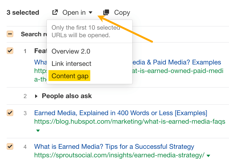 Finding content gap opportunities in top-ranking pages, via Ahrefs' Keywords Explorer
