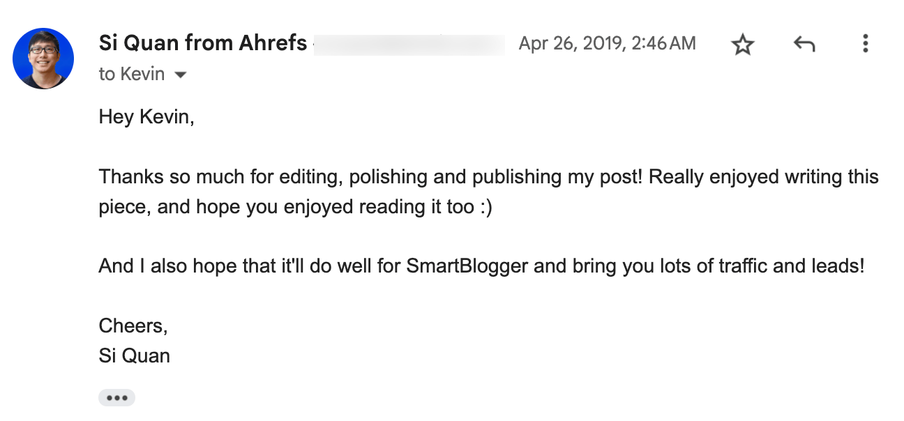 SQ's thank-you email to the editor of SmartBlogger

