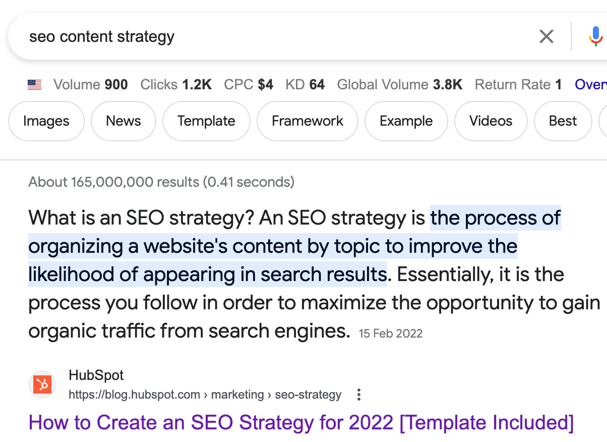 Snippet vedette pour "stratégie de contenu seo"
