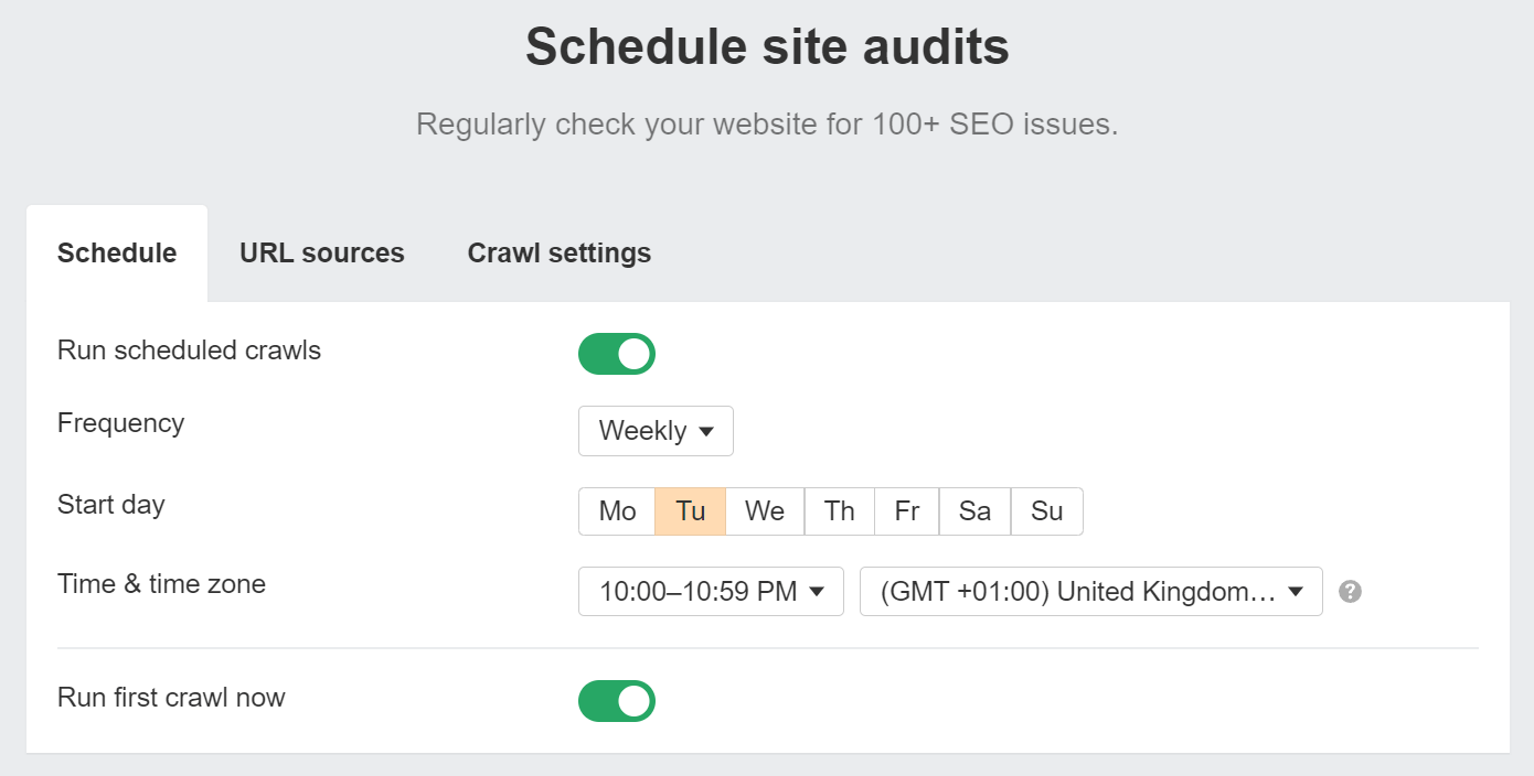Ahrefs' Site Audit setup screen, with option to schedule regular audits
