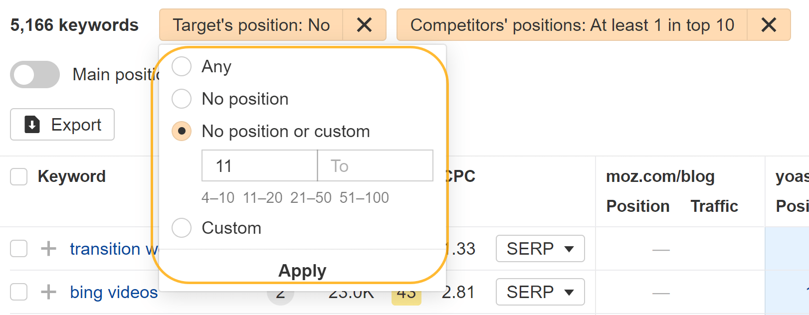Applying filters in Ahrefs' Competitive Analysis tool
