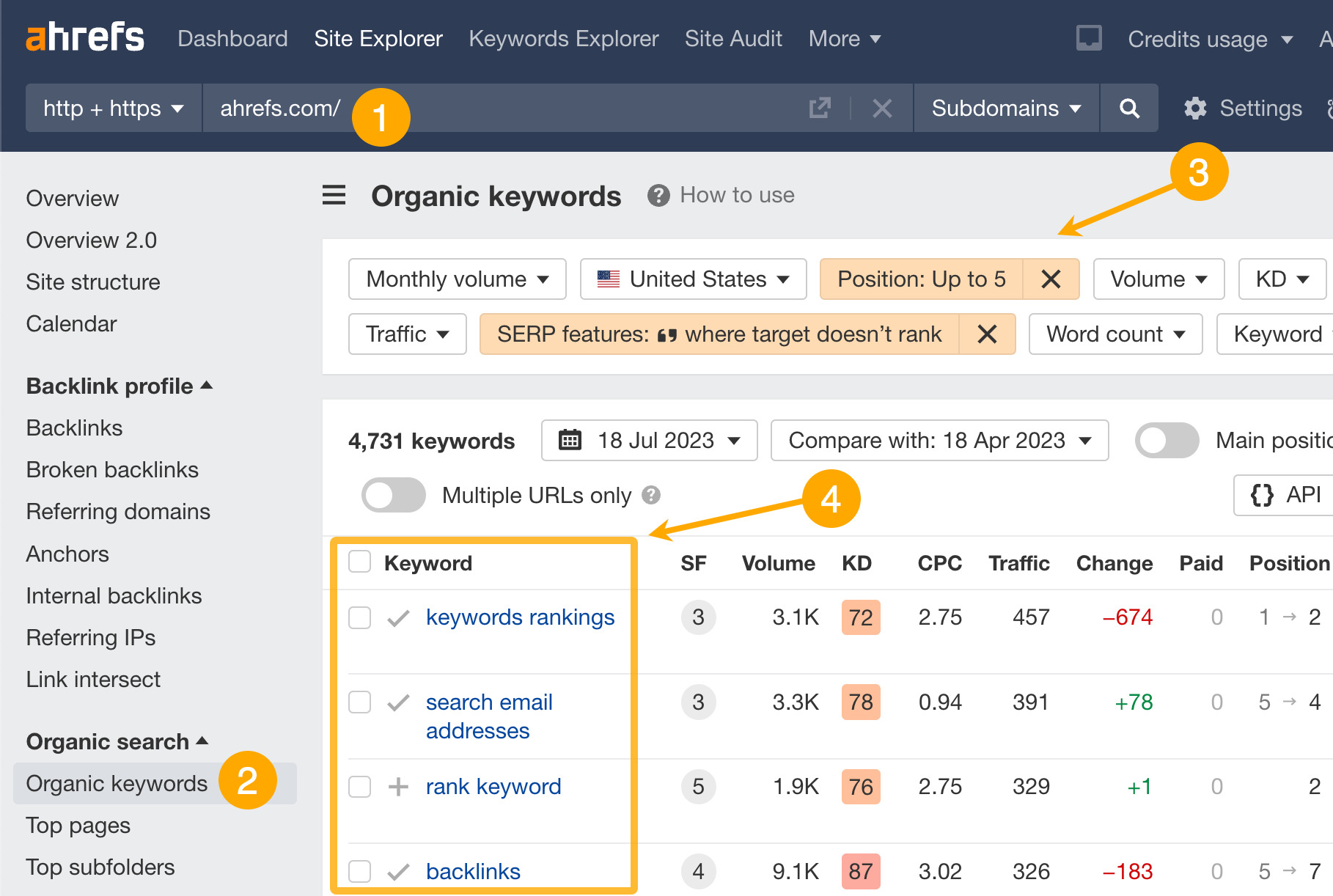 Finding keywords with featured snippets in Ahrefs' Site Explorer