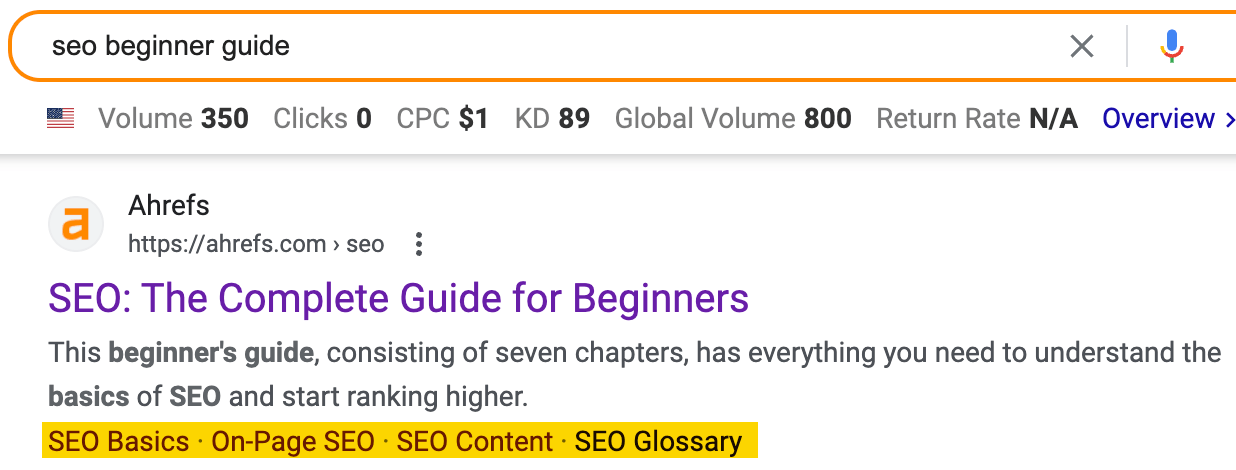 Sitelinks pour le guide Ahrefs du débutant en SEO