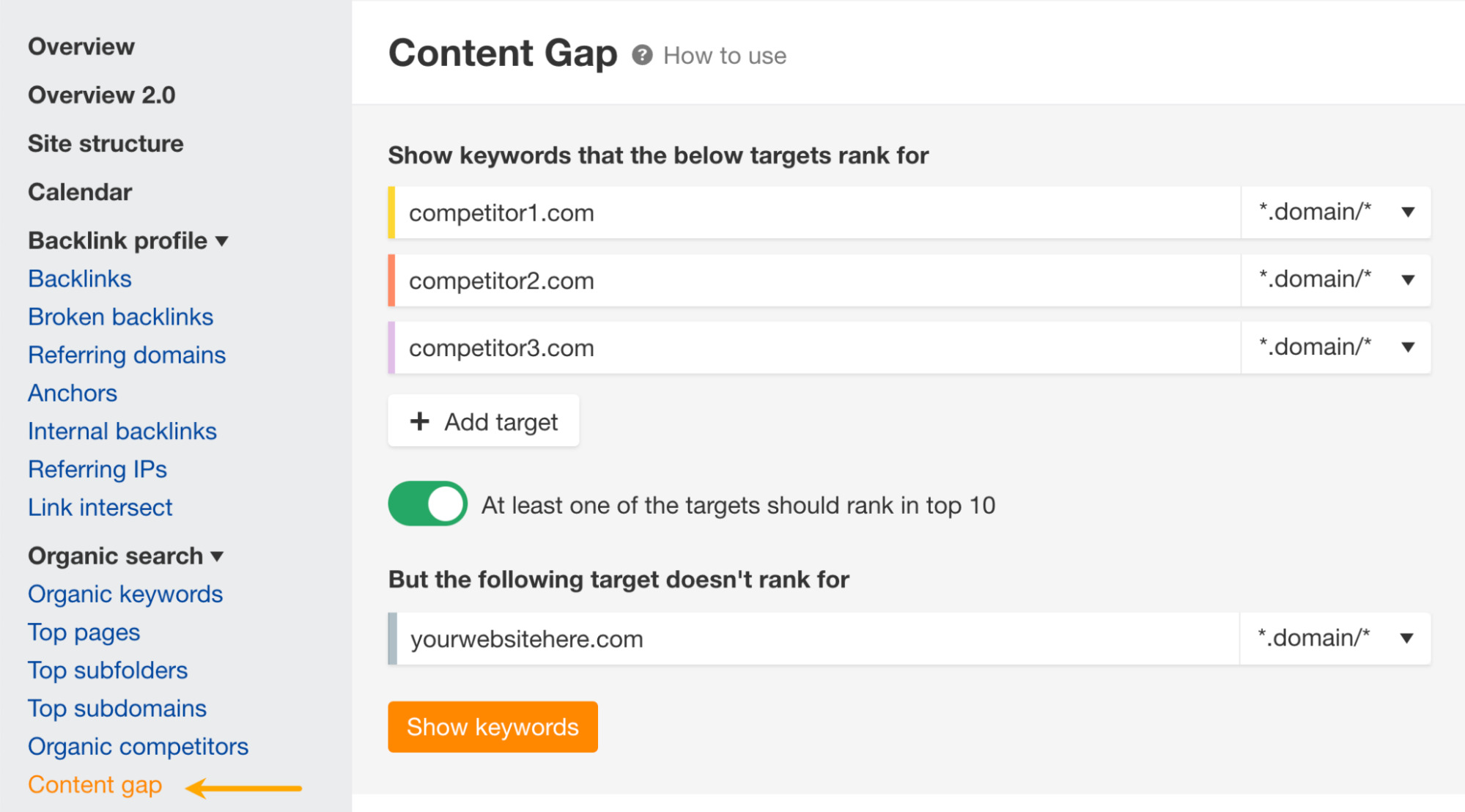 Content Gap tool, via Ahrefs' Site Explorer