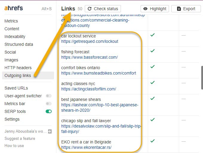 Outgoing links found using Ahrefs' SEO Toolbar