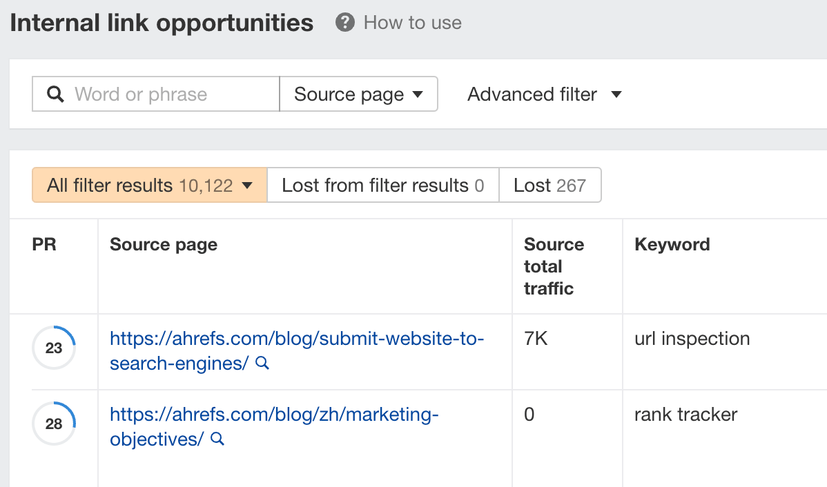 Rapport sur les opportunités de liens internes, via le site Audit d'Ahrefs