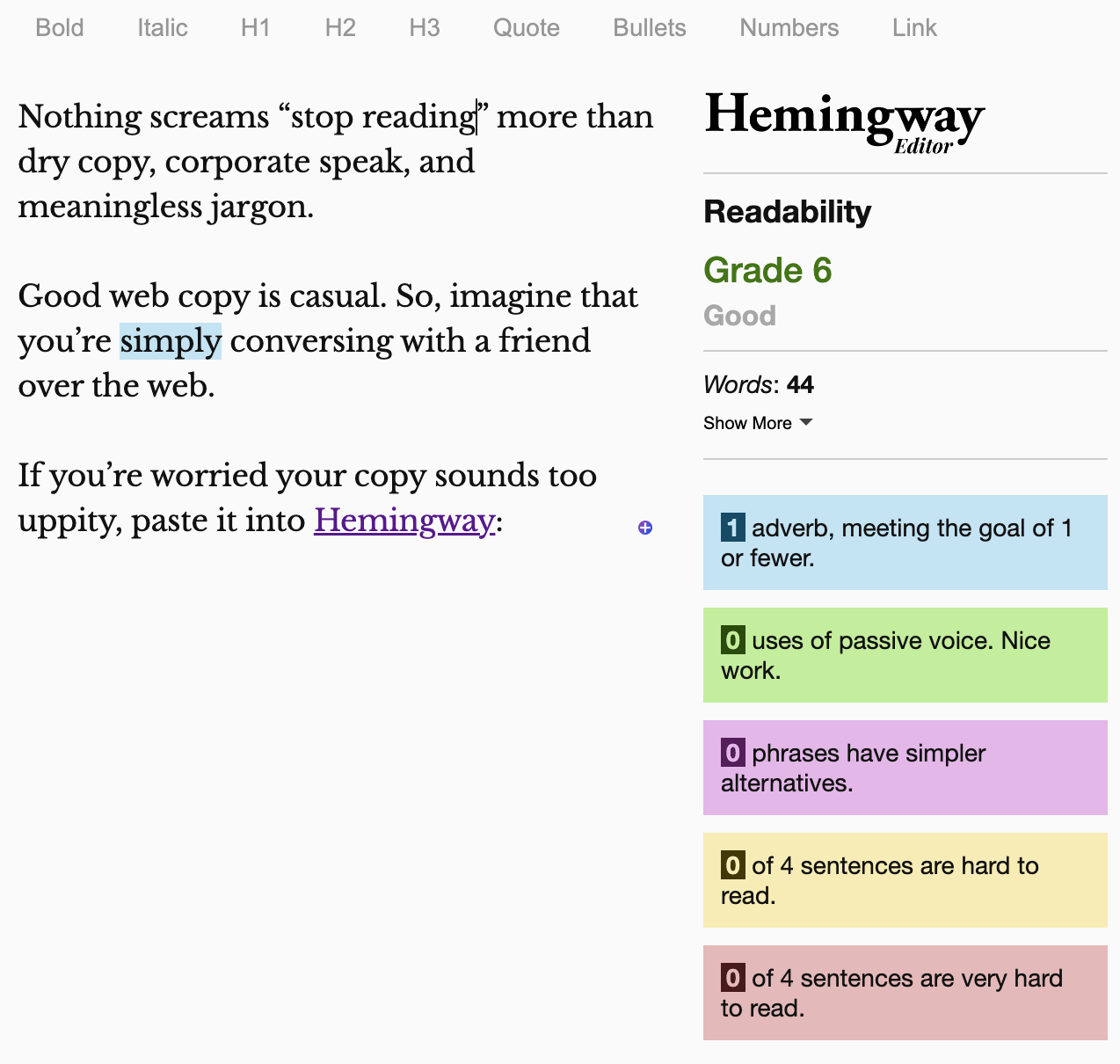Hemingway grades your copy and gives a readability score
