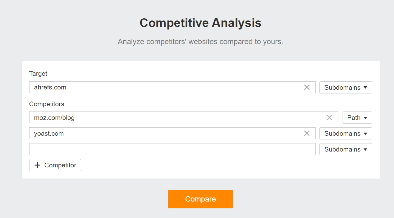 Entering target and competitor domains to set up competitive analysis, via Ahrefs' Competitive Analysis tool
